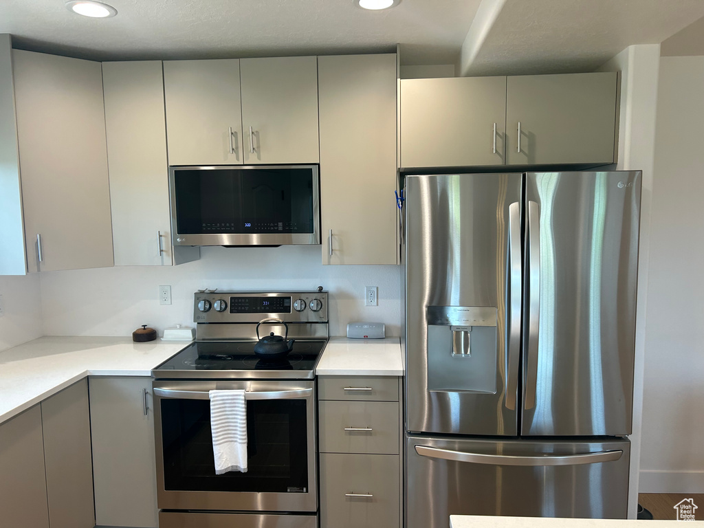 Kitchen featuring stainless steel appliances, gray cabinetry, light countertops, and recessed lighting