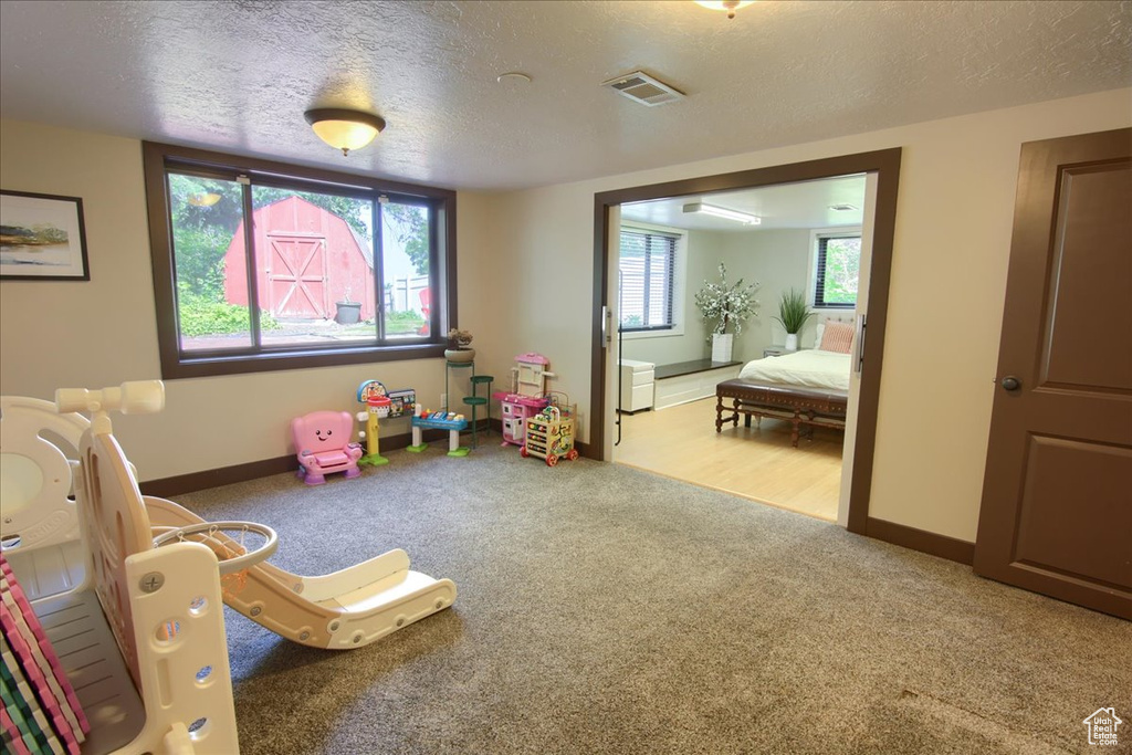 Recreation room with a textured ceiling and carpet floors