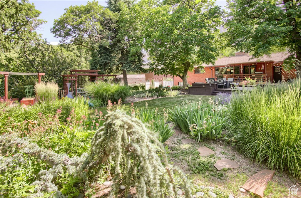 View of yard with an outdoor living space and a deck