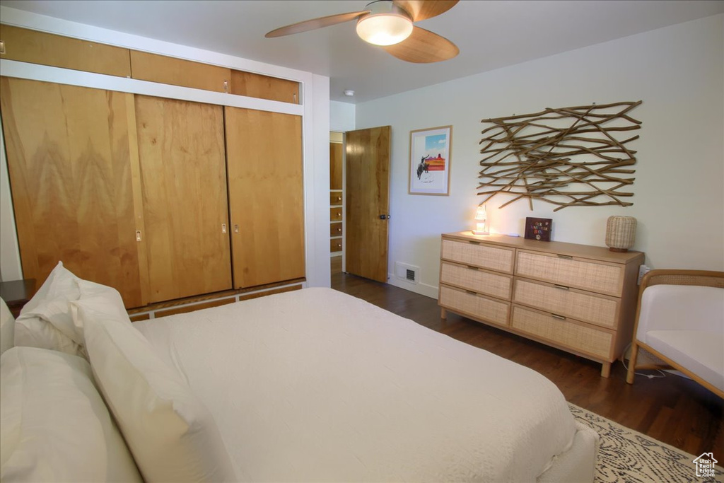Bedroom featuring dark wood-style floors, a ceiling fan, and a closet