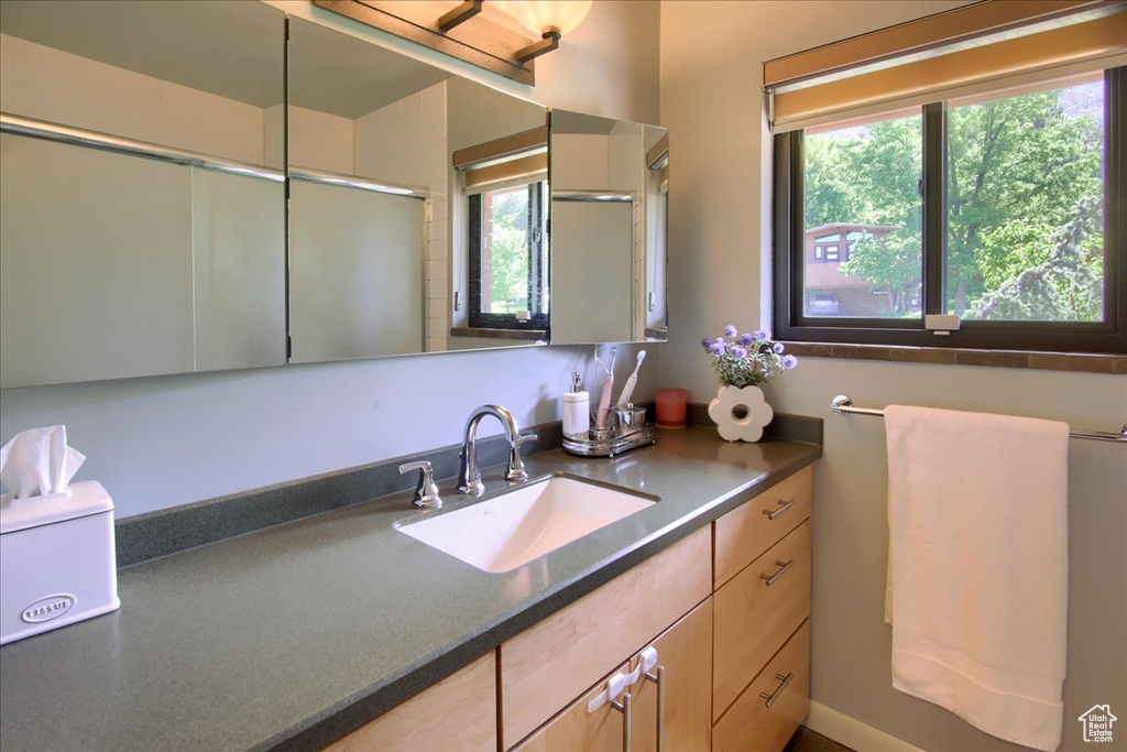 Full bath with plenty of natural light, vanity, and a shower with shower door