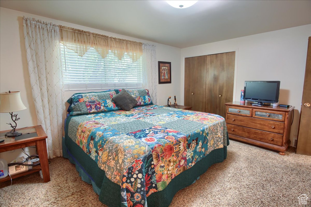 Bedroom featuring carpet floors and a closet