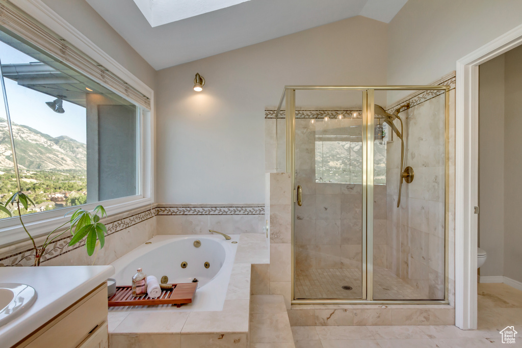 Full bathroom with a whirlpool tub, a skylight, a shower stall, vanity, and a mountain view
