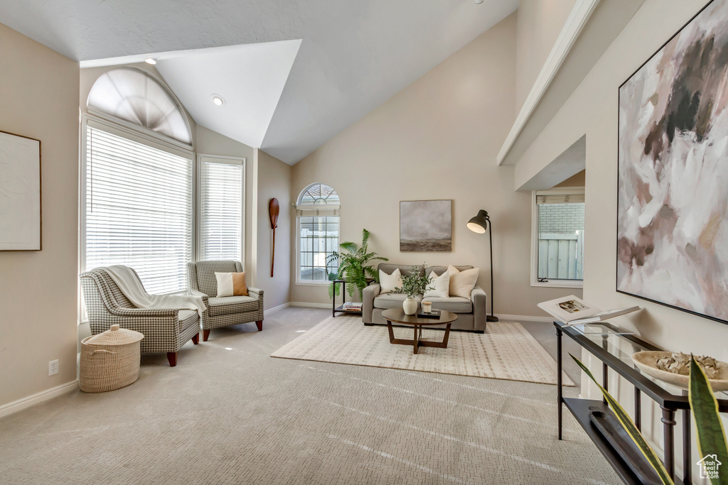 Living area with carpet and vaulted ceiling