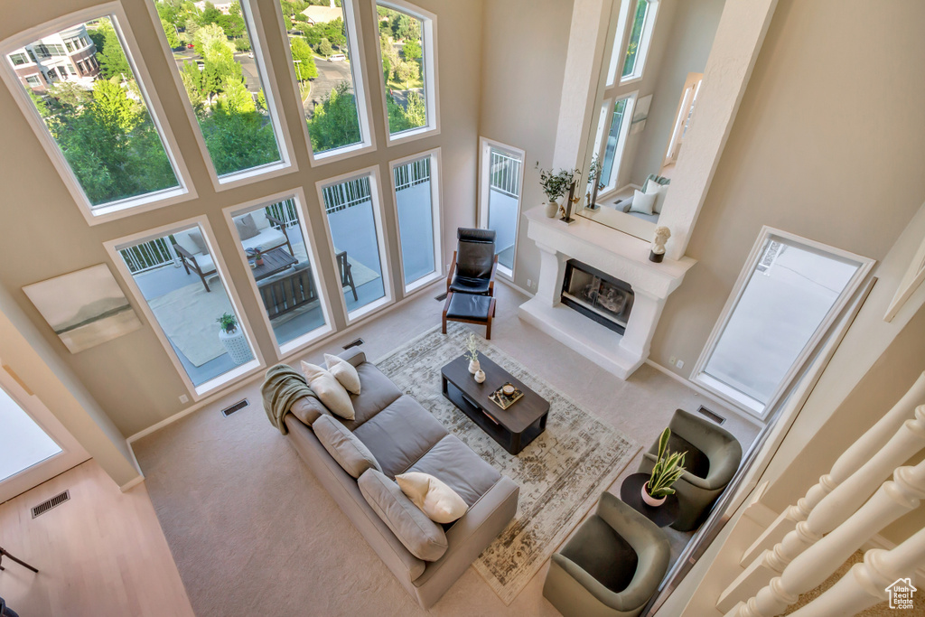 Carpeted living area with a towering ceiling and a glass covered fireplace