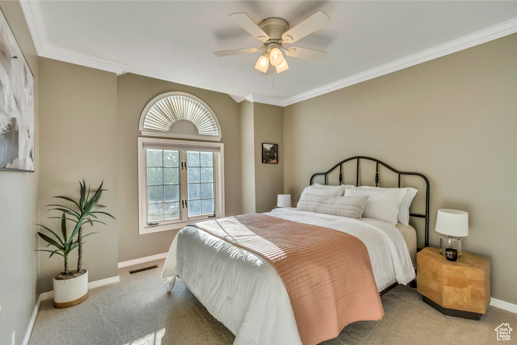 Bedroom featuring carpet flooring, ornamental molding, and a ceiling fan