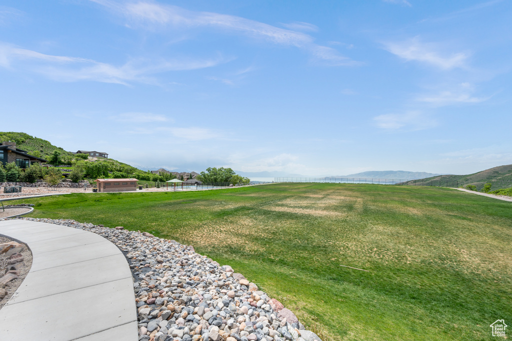 View of home's community featuring a mountain view and a yard