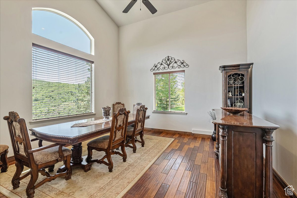 Dining area featuring high vaulted ceiling, a ceiling fan, and hardwood / wood-style flooring
