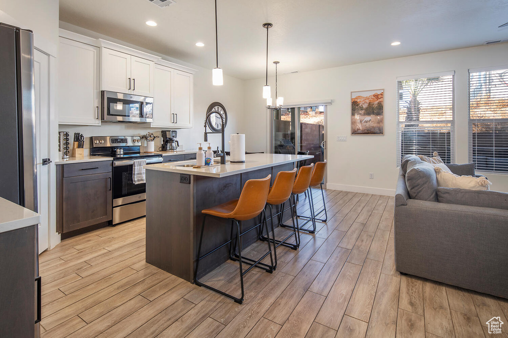 Kitchen with stainless steel appliances, light wood finished floors, light countertops, open floor plan, and recessed lighting