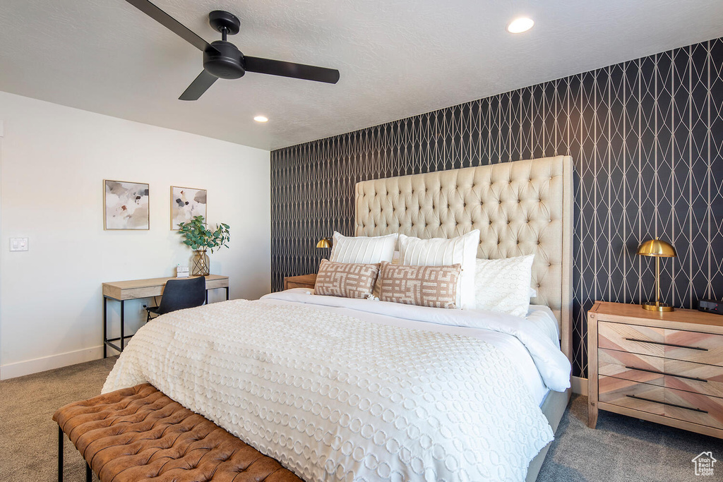 Bedroom featuring carpet, recessed lighting, and ceiling fan