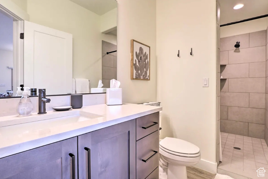 Bathroom with a stall shower, vanity, wood finished floors, and recessed lighting