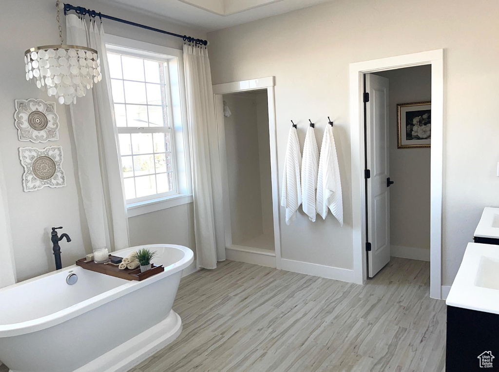 Bathroom featuring vanity, a freestanding bath, and wood finished floors