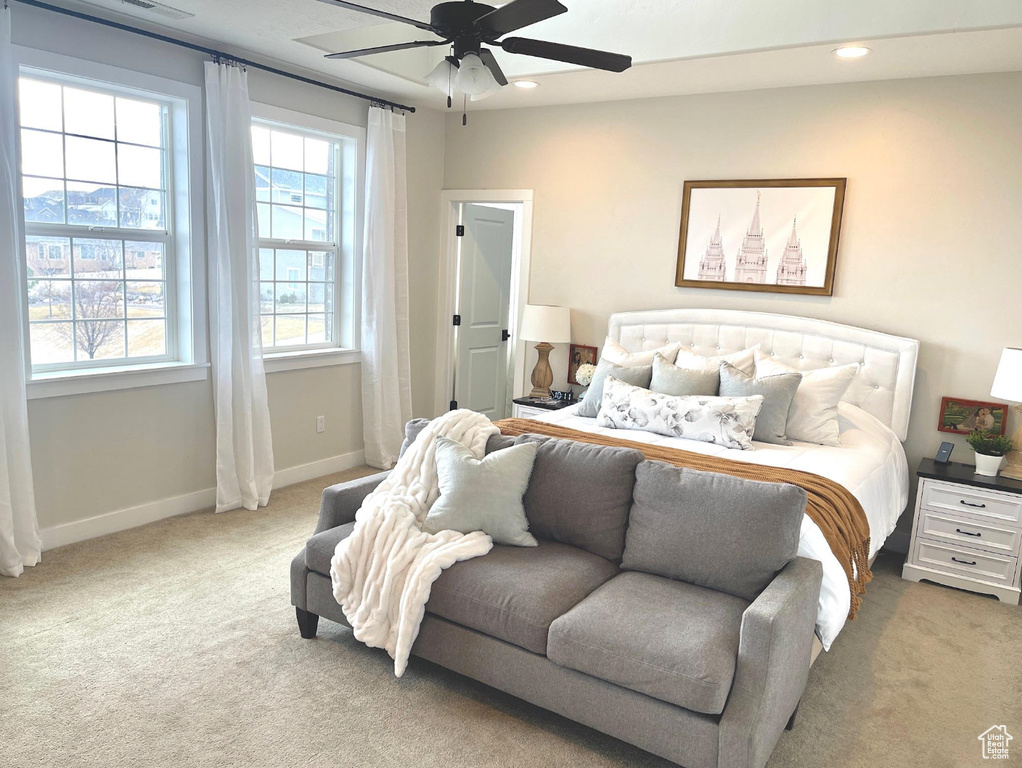 Bedroom with carpet, recessed lighting, and a ceiling fan