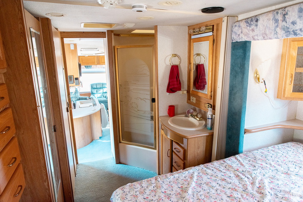 Carpeted bedroom featuring a sink