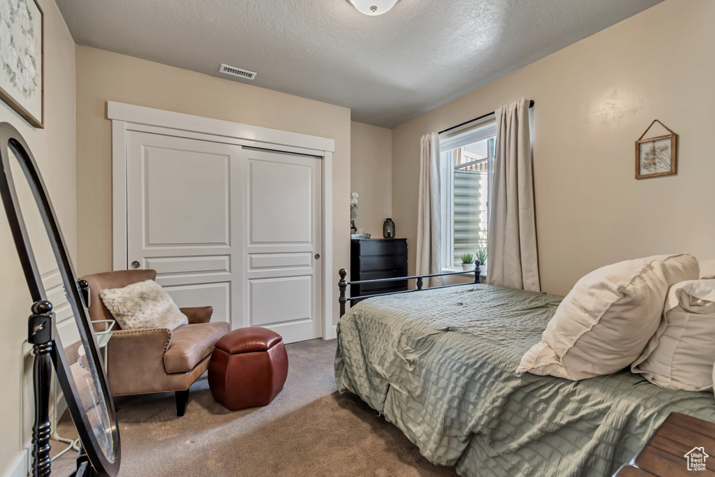 Carpeted bedroom featuring a closet and a textured ceiling