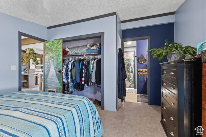 Carpeted bedroom featuring a closet and a textured ceiling