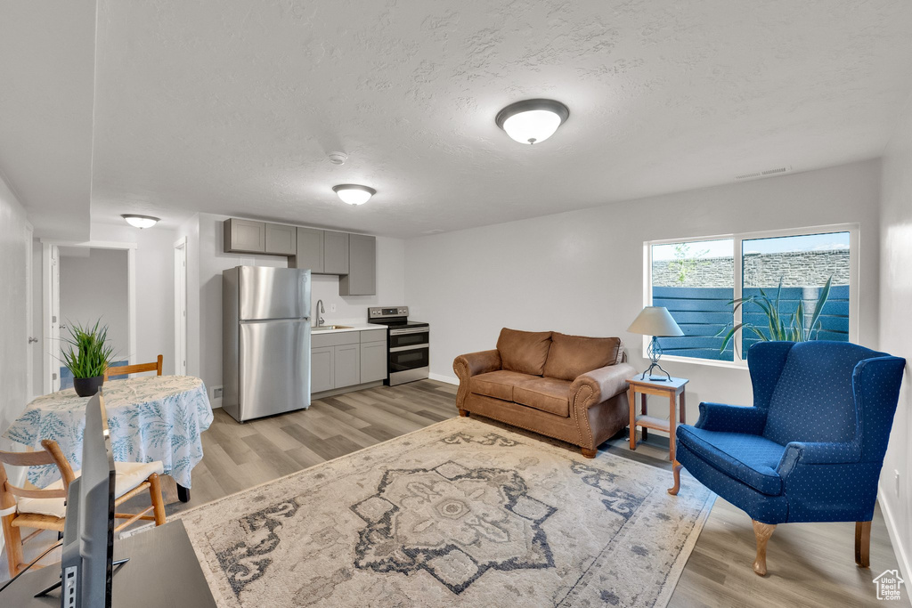Living room featuring light wood-type flooring and a textured ceiling