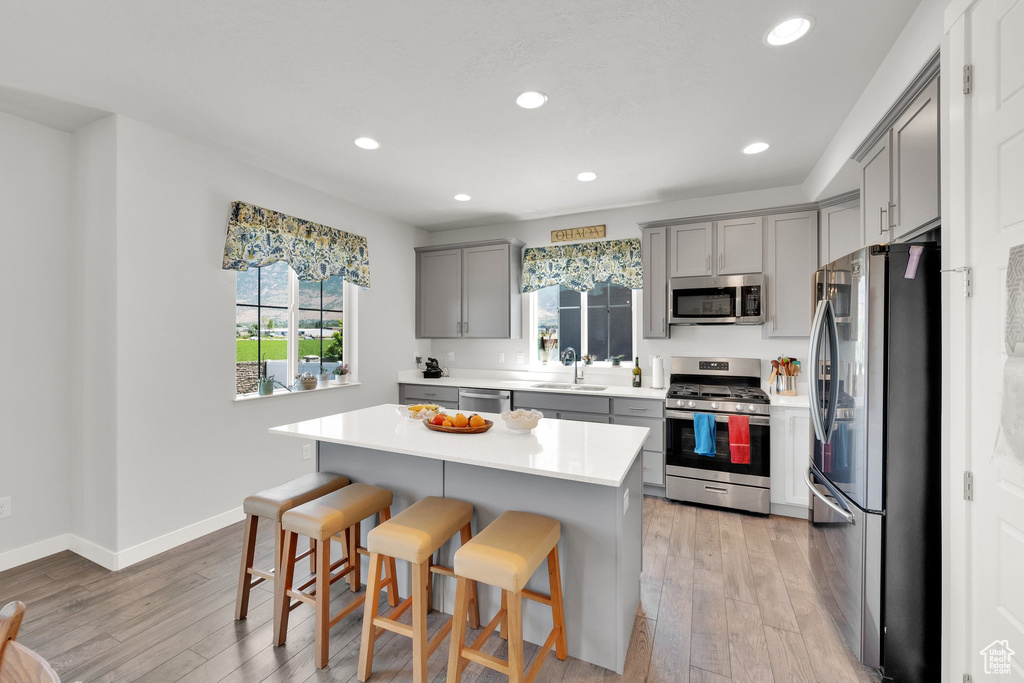 Kitchen with appliances with stainless steel finishes, gray cabinets, a kitchen bar, light wood-style flooring, and recessed lighting