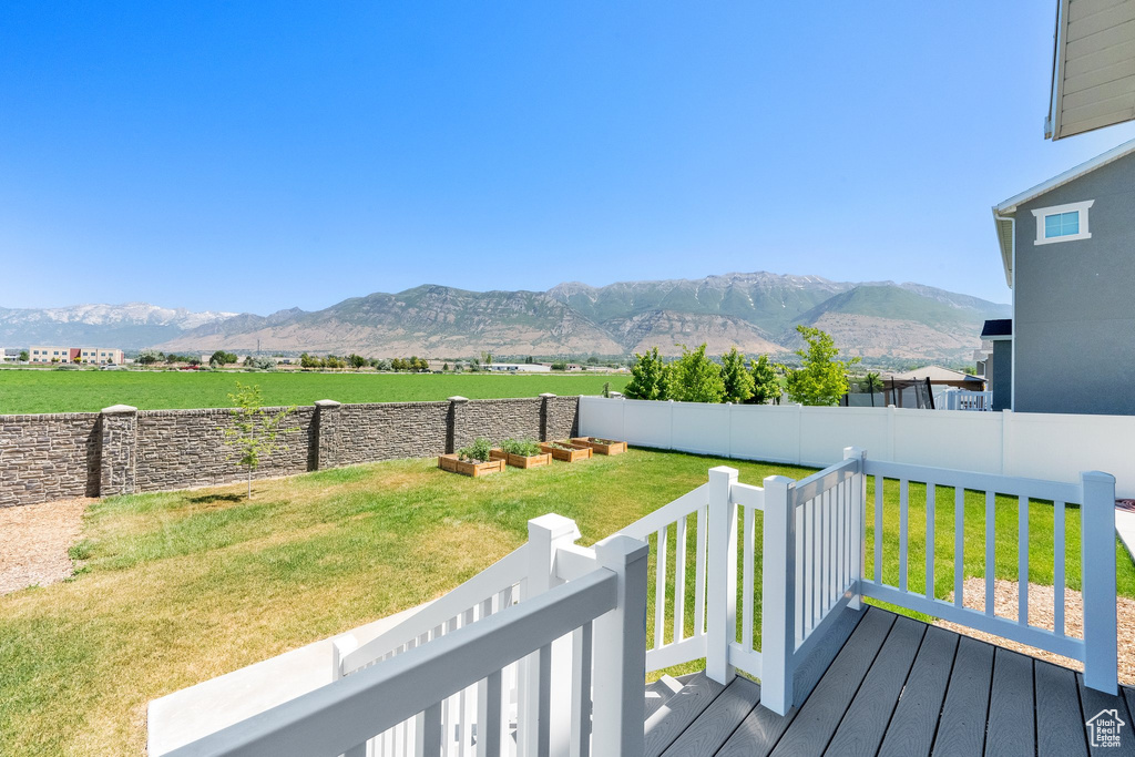 Wooden deck featuring a mountain view and a fenced backyard