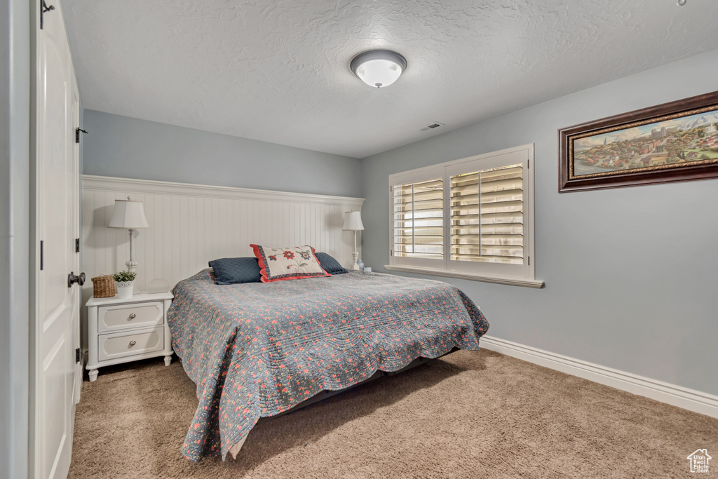Bedroom featuring carpet and a textured ceiling