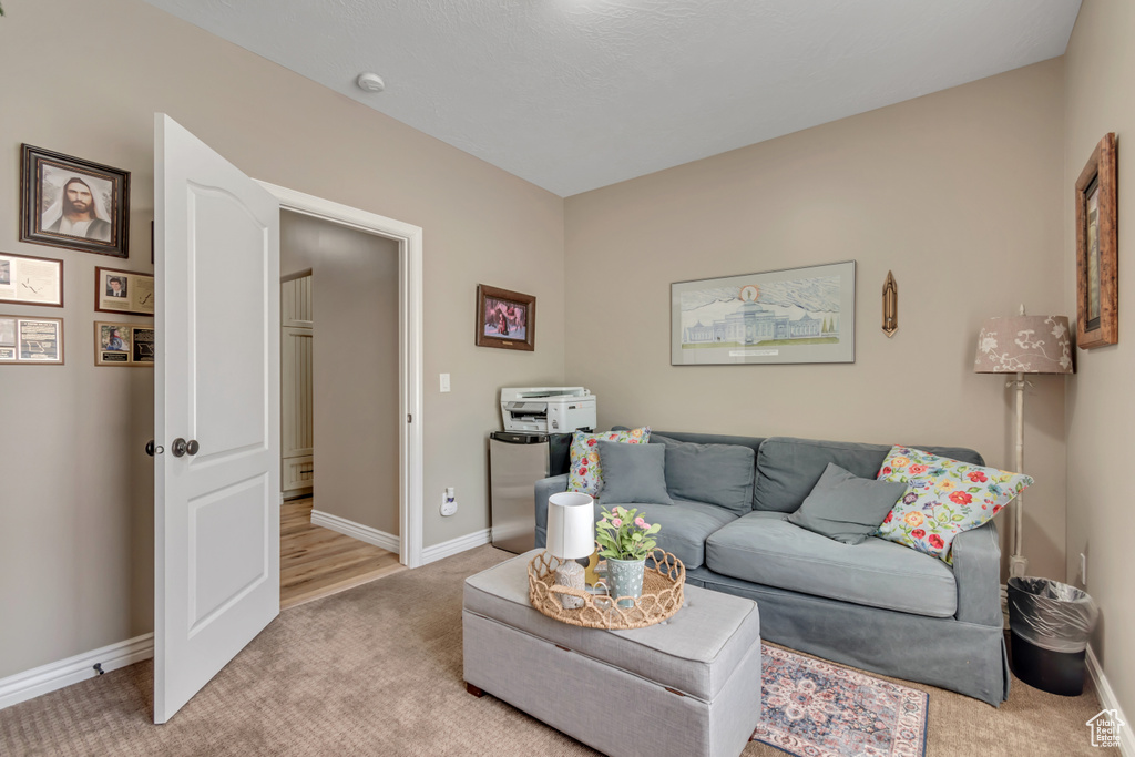 Living room with light carpet and baseboards