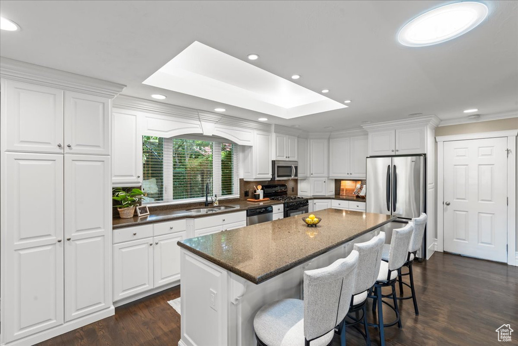 Kitchen with stainless steel appliances, dark wood-style floors, white cabinetry, a kitchen island, and recessed lighting
