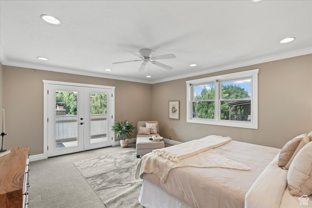 Bedroom featuring access to outside, recessed lighting, carpet floors, french doors, and crown molding