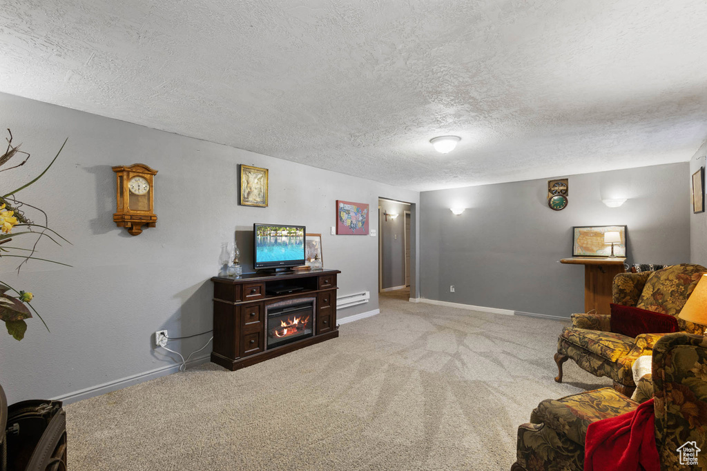 Carpeted living area with baseboards and a textured ceiling
