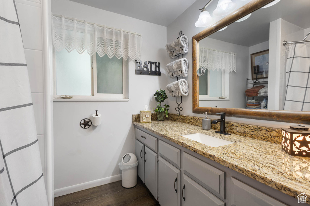 Full bath featuring vanity, wood finished floors, and a shower with curtain