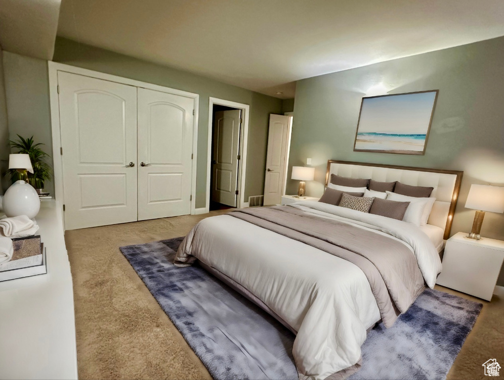 Carpeted bedroom featuring a closet