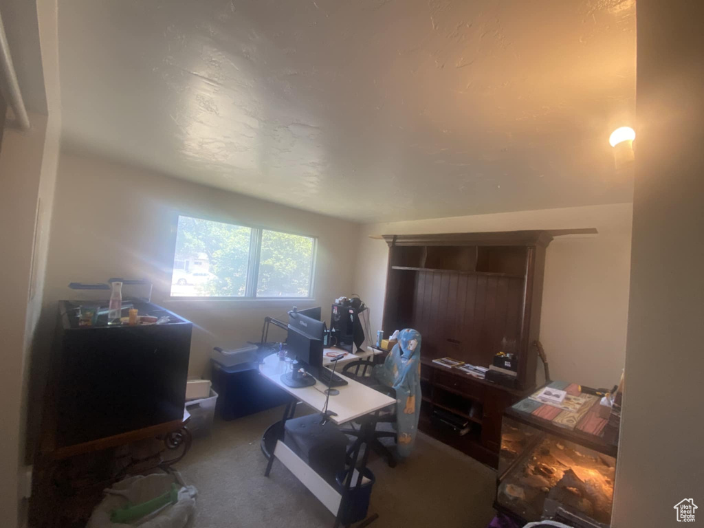Bedroom with carpet floors and a desk