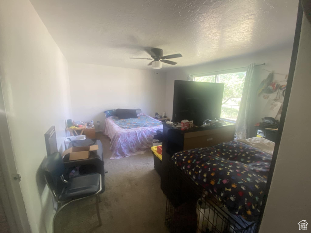 Carpeted bedroom with ceiling fan and a textured ceiling