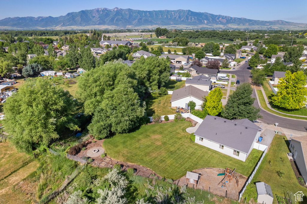Aerial perspective of suburban area featuring mountains