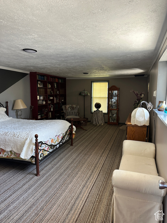 Carpeted bedroom with a textured ceiling