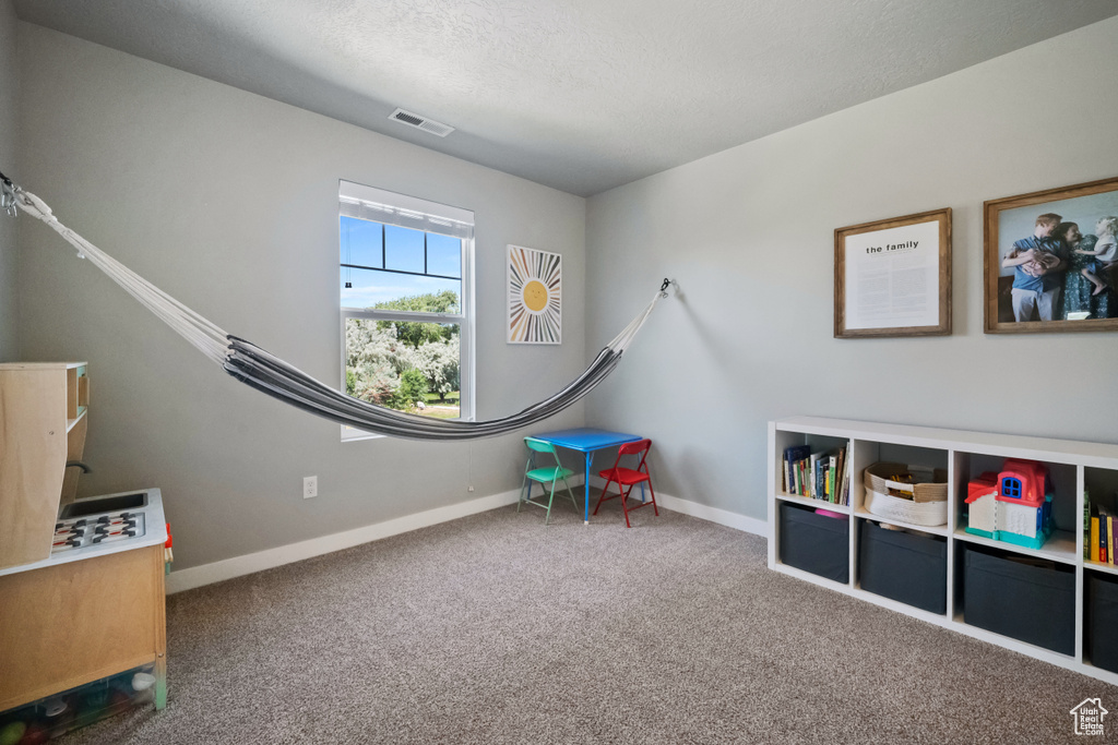 Game room featuring carpet flooring and a textured ceiling