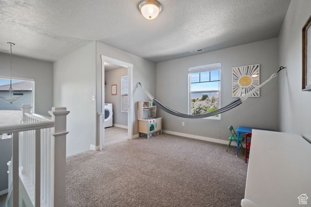 Rec room with a textured ceiling, carpet flooring, and washer / dryer