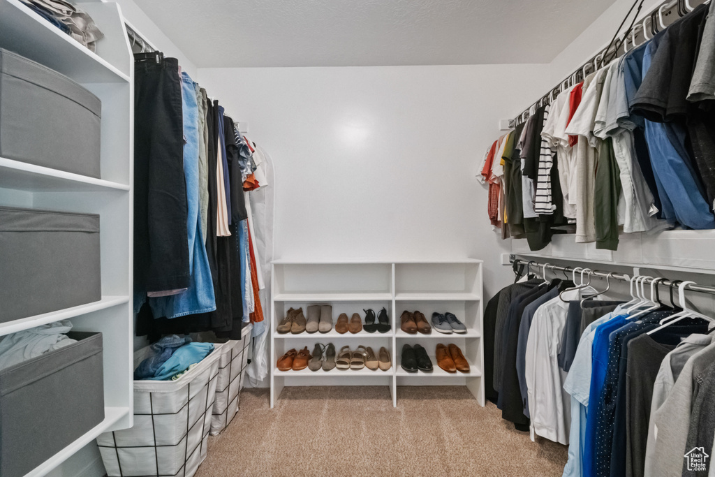Walk in closet with carpet floors