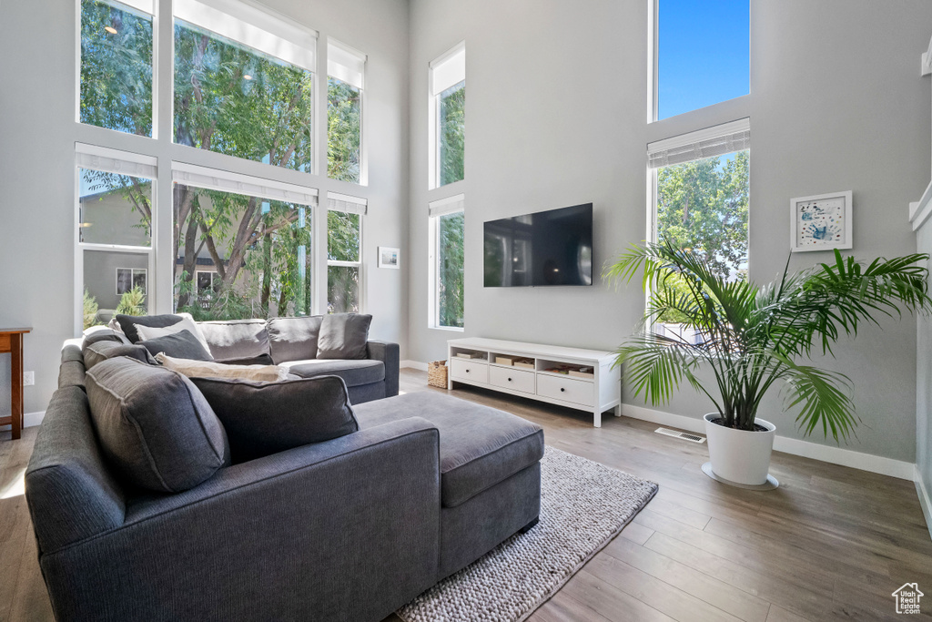 Living area with a towering ceiling and wood finished floors