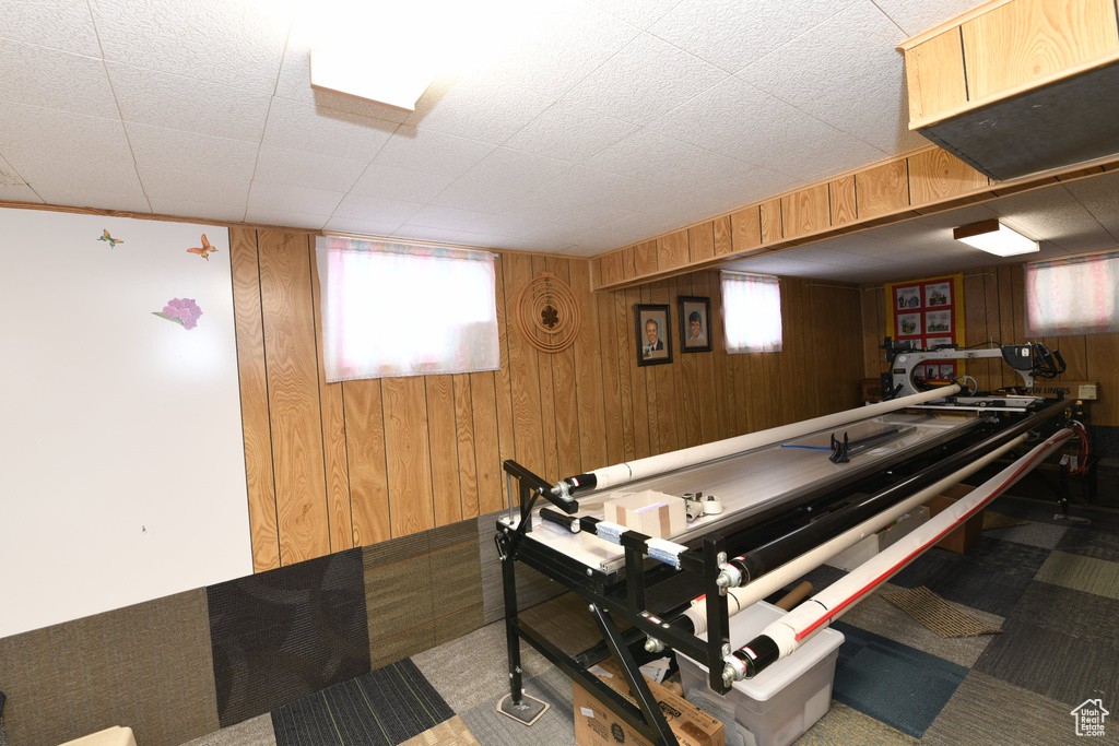 Recreation room featuring wood walls and carpet flooring