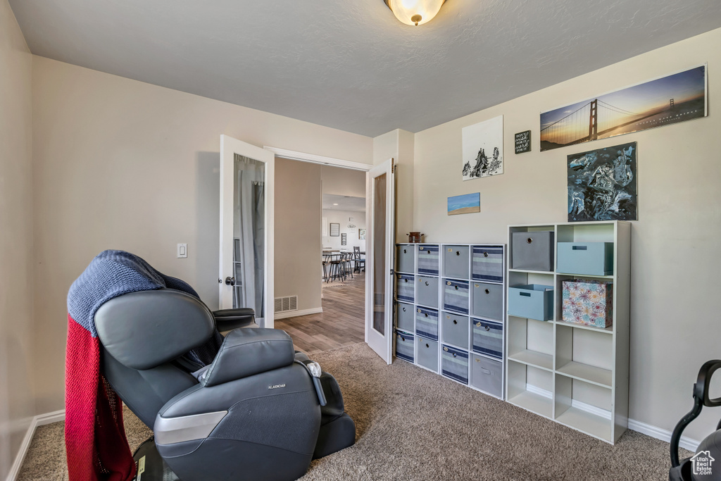 Living area featuring carpet and baseboards