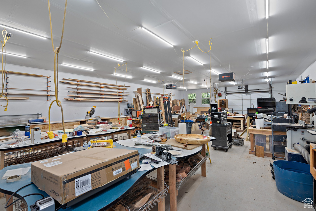 Garage with a workshop area