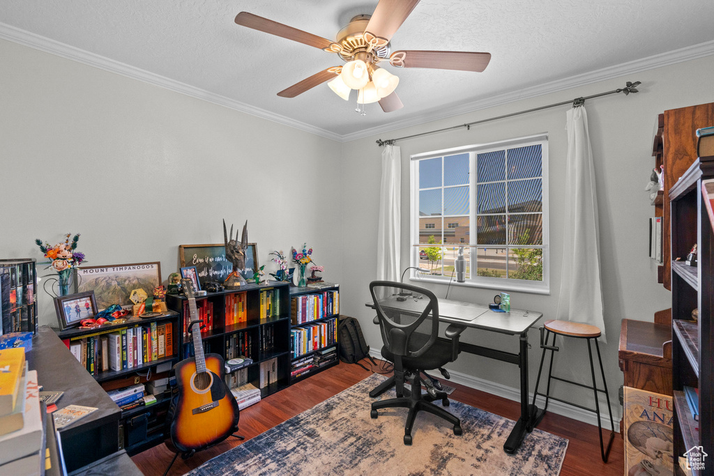 Office space featuring wood finished floors, a ceiling fan, and ornamental molding