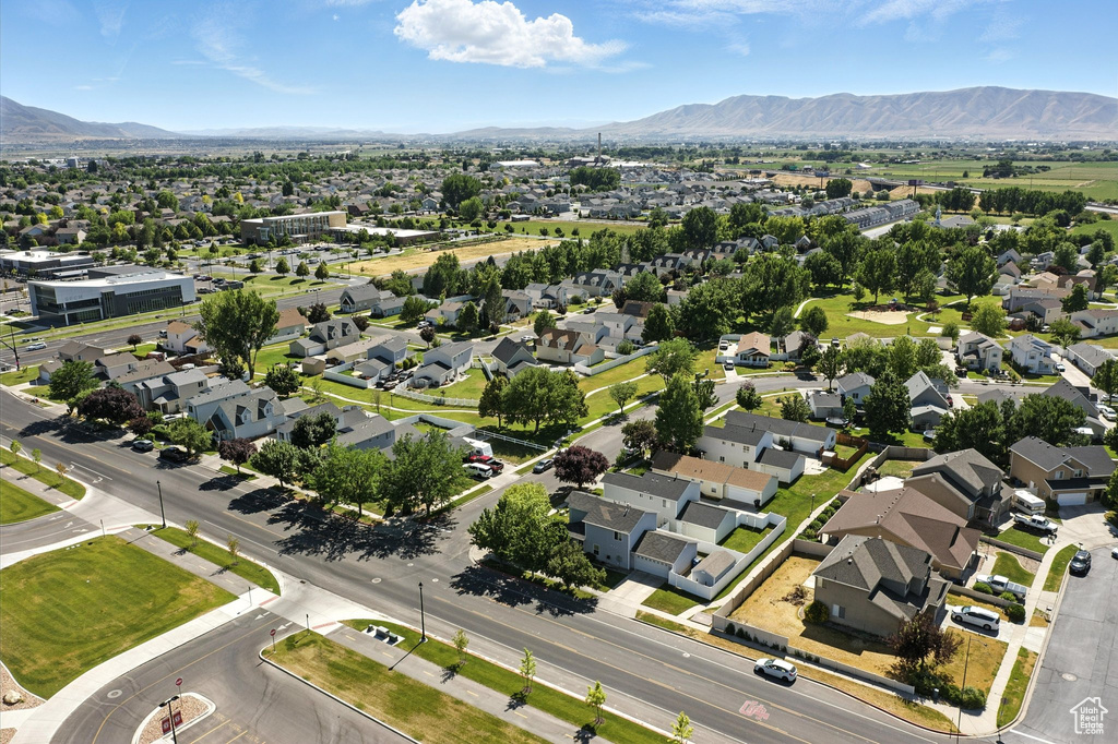 Aerial perspective of suburban area featuring mountains