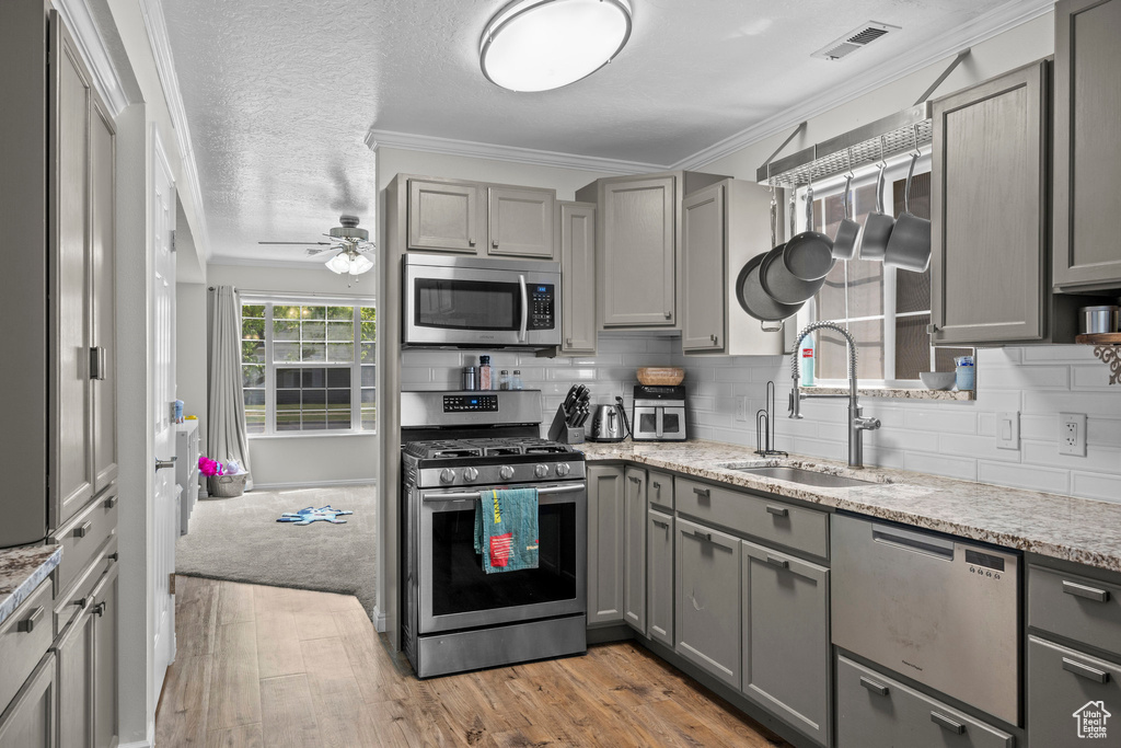 Kitchen featuring stainless steel appliances, gray cabinetry, light wood-style floors, a ceiling fan, and tasteful backsplash