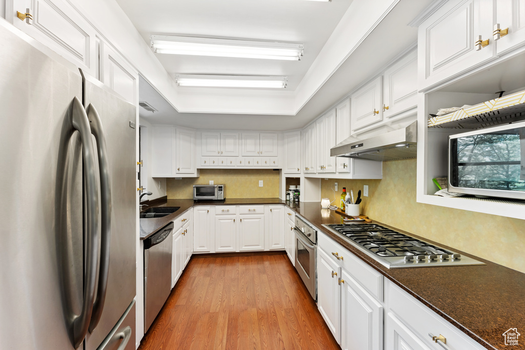 Kitchen featuring stainless steel appliances, under cabinet range hood, dark countertops, light wood finished floors, and white cabinetry