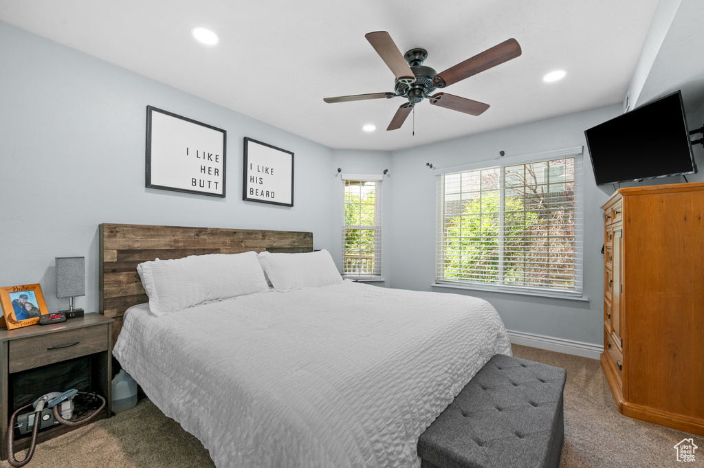 Bedroom with recessed lighting, carpet flooring, and ceiling fan