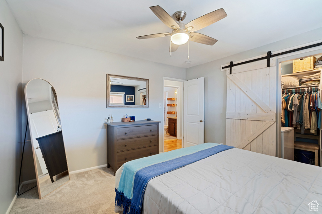 Carpeted bedroom featuring a barn door, a walk in closet, a ceiling fan, and a closet