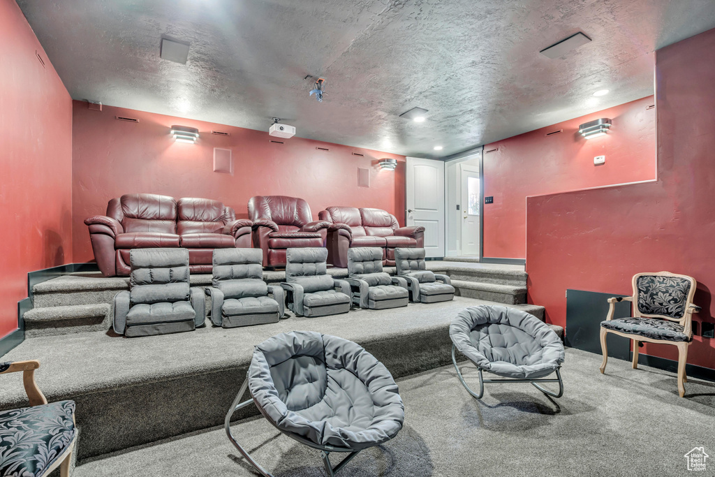 Carpeted cinema with a textured ceiling