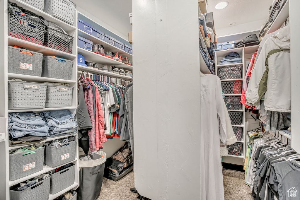 Spacious closet with carpet floors