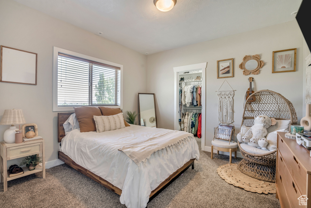 Bedroom with a walk in closet, a closet, and carpet